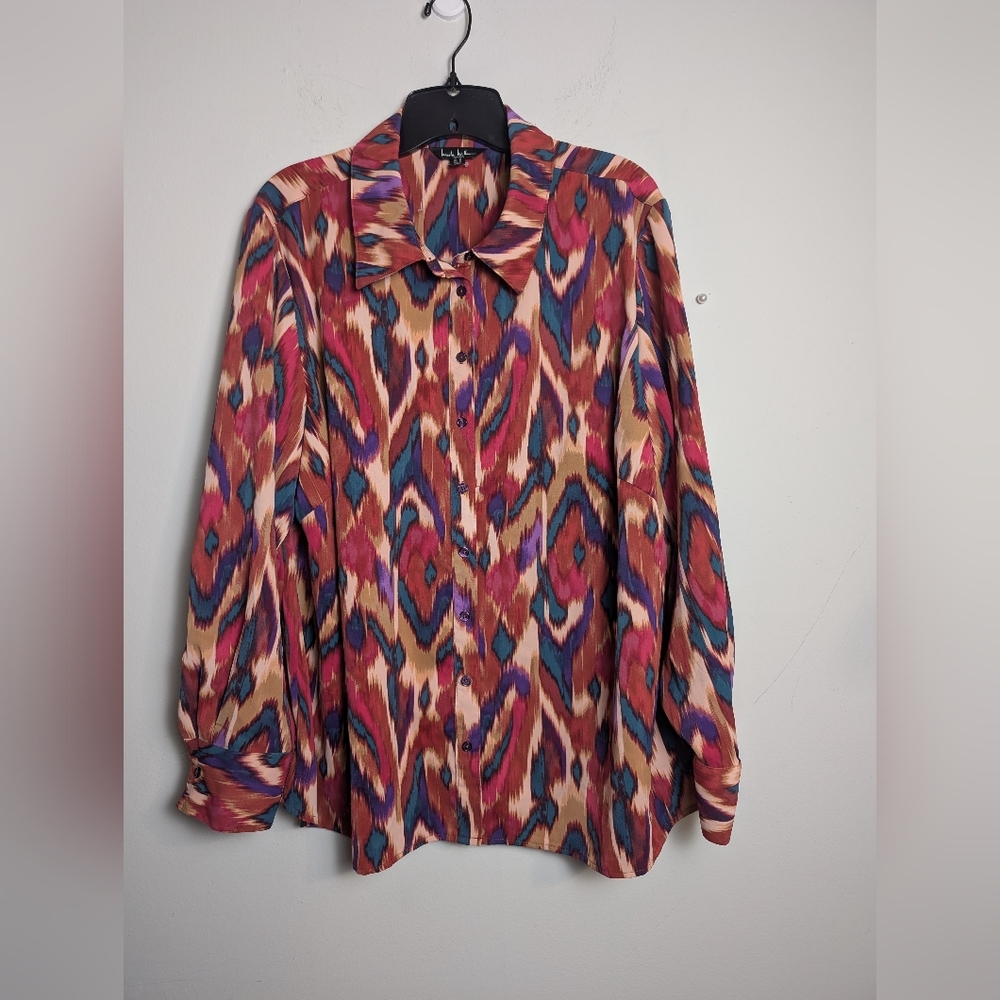 Nicole Miller Colorful Shirt Satin Multicolor Button Up Blouse Sz 2x
